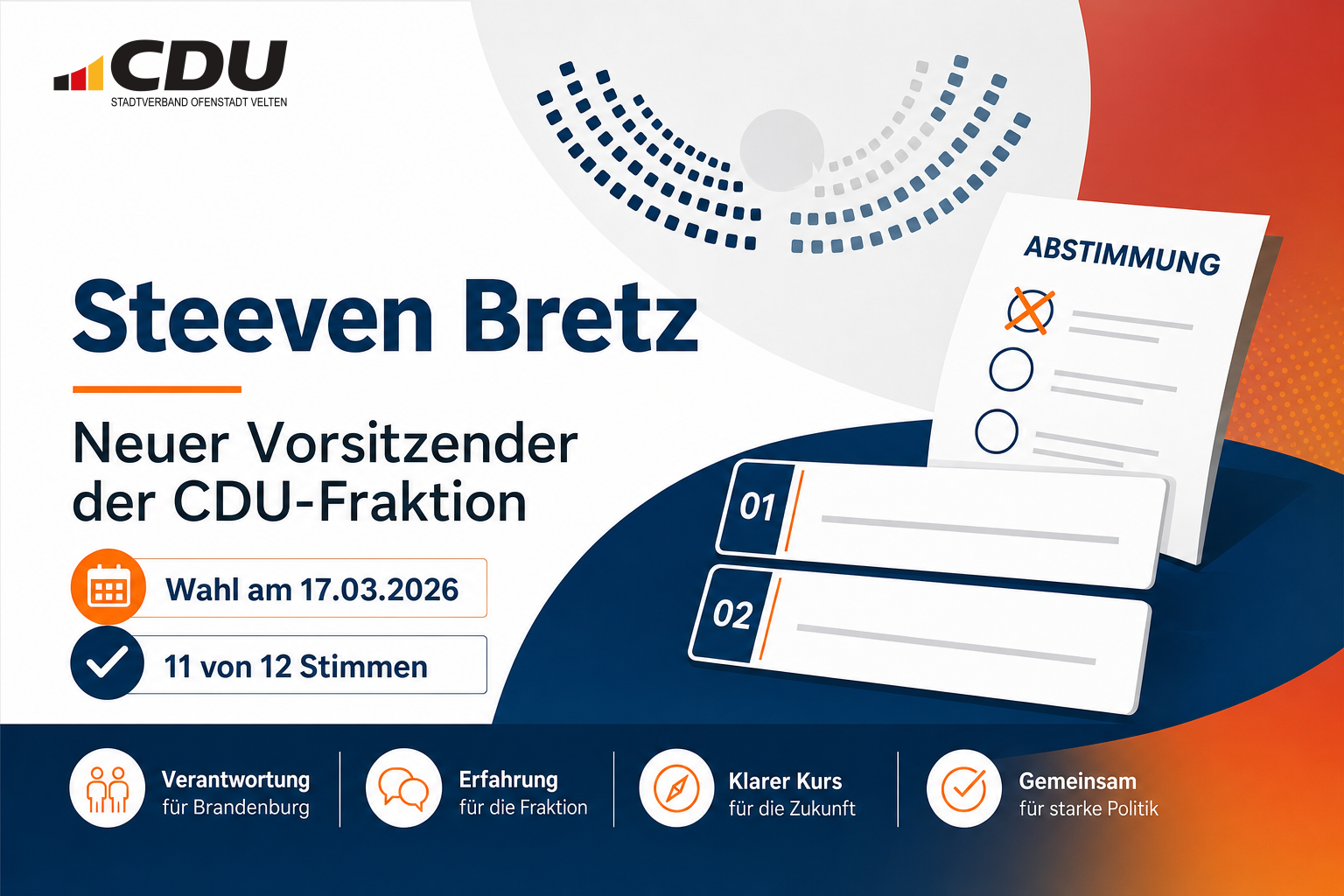 Redaktionelle Grafik zur Wahl von Steeven Bretz zum neuen Vorsitzenden der CDU-Fraktion im Landtag Brandenburg am 17. März 2026.