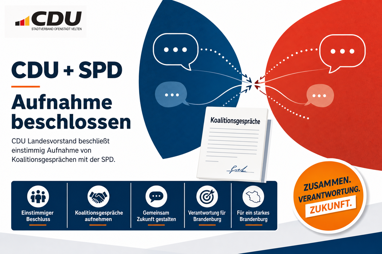 Redaktionelle Grafik zu den beschlossenen Koalitionsgesprächen zwischen CDU und SPD in Brandenburg.