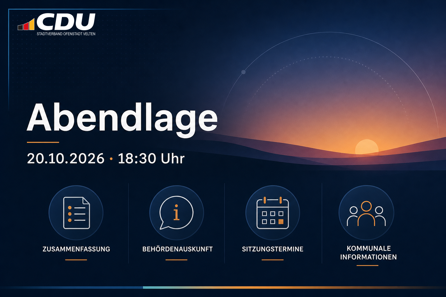 Redaktionelle Themenkarte zur Abendlage des CDU-Stadtverbands Velten am 19. Oktober 2026 mit abstrakten Symbolen für Zusammenfassung, Behördenauskunft und Sitzungstermine.