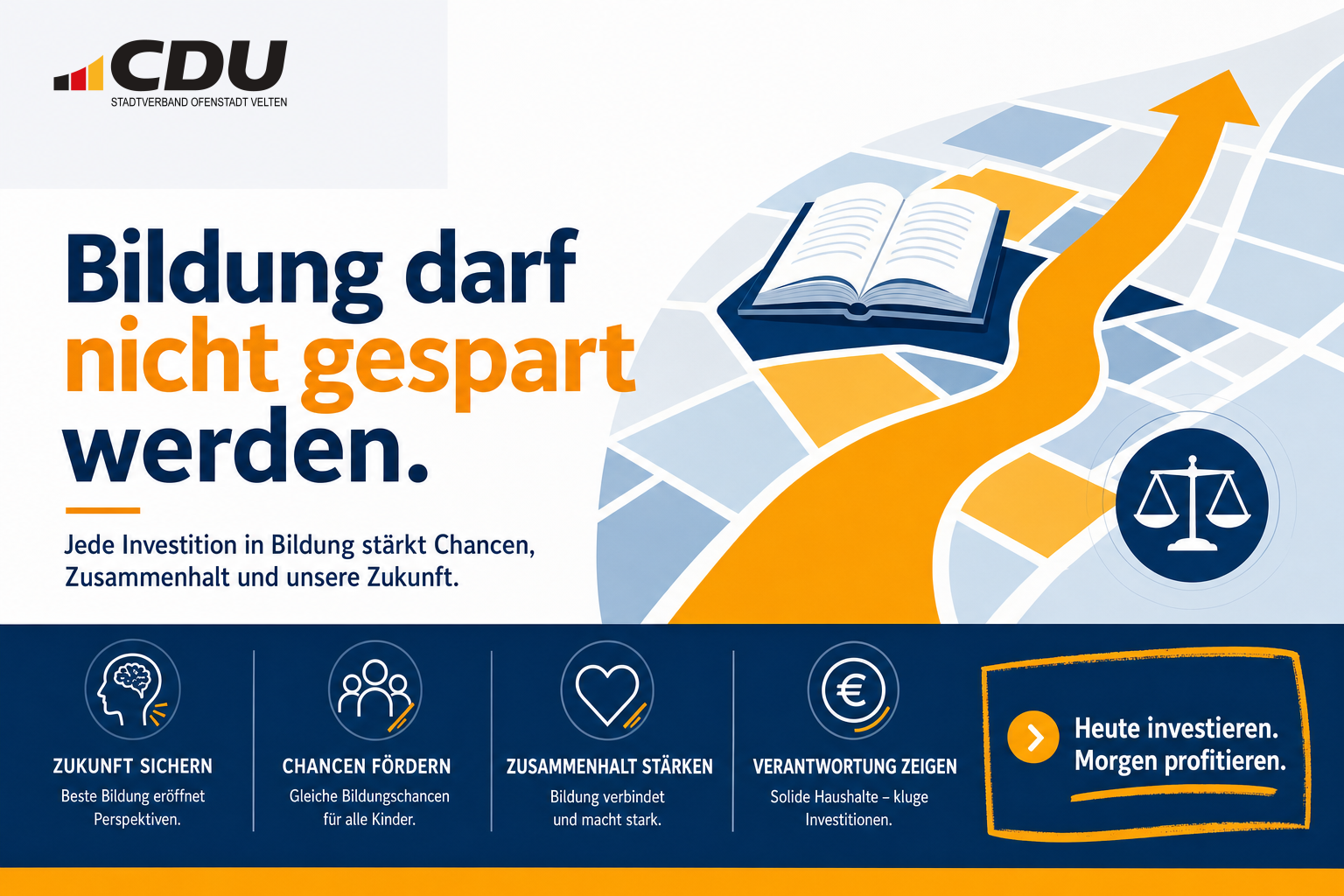Redaktionelle Grafik mit Buch, abstrakten Bildungs-Symbolen und einem aufwärts führenden Weg zum Thema Investitionen in Schulen.