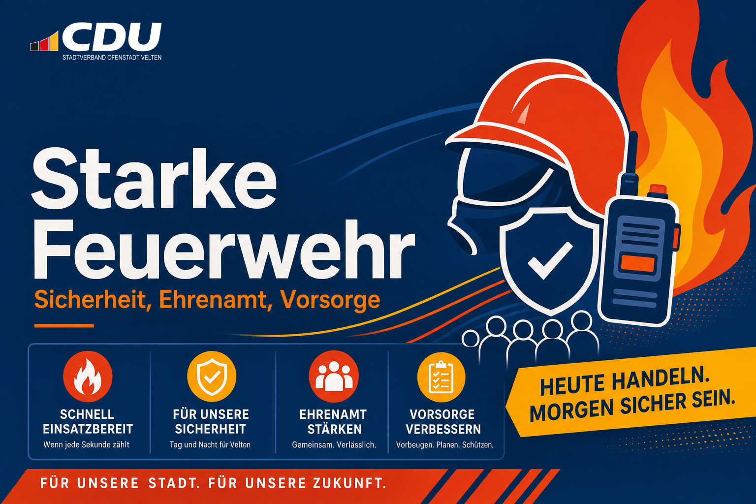 Grafische Themenkarte mit stilisierten Feuerwehr- und Sicherheitssymbolen zum Thema starke und zukunftsfähige Feuerwehr.
