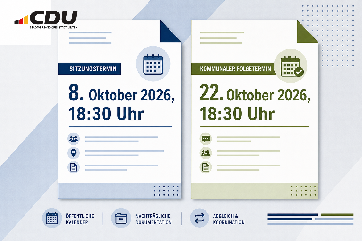 Redaktionelle Grafik mit zwei abstrakten Terminseiten, die auf unterschiedliche öffentliche Angaben zu Sitzungen am 8. und 22. Oktober 2026 hinweist.