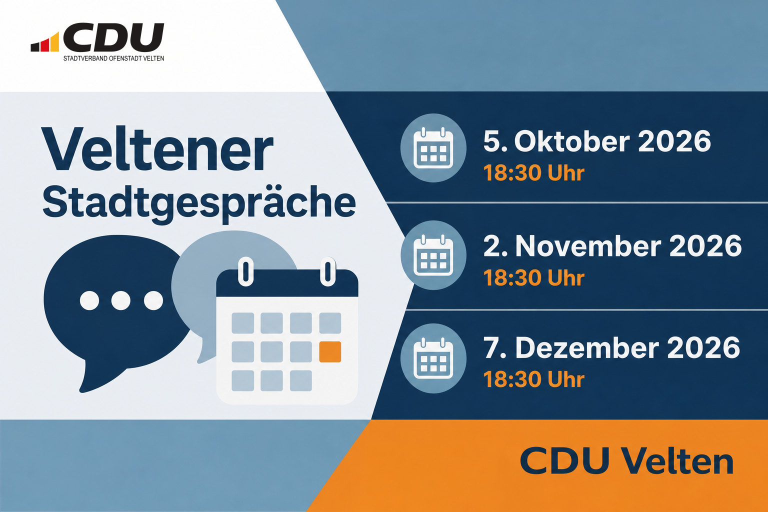 Redaktionelle Veranstaltungskarte zu drei angekündigten Veltener Stadtgesprächen am 5. Oktober, 2. November und 7. Dezember 2026 jeweils um 18:30 Uhr.