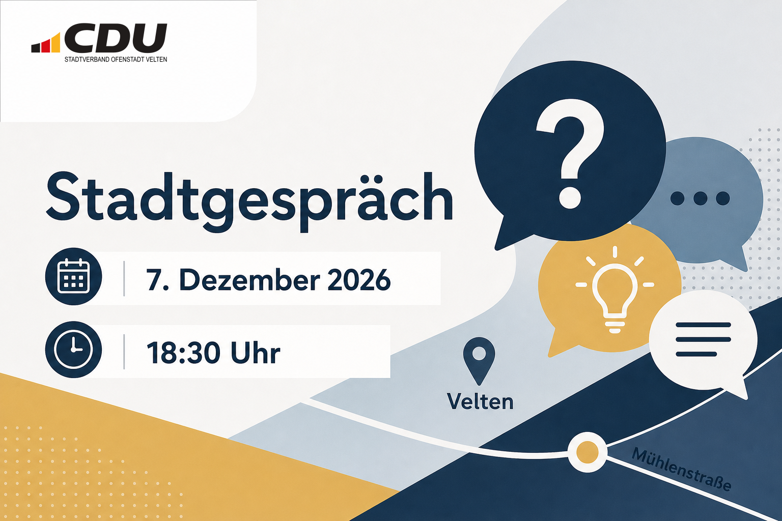 Redaktionelle Veranstaltungskarte für ein Stadtgespräch in Velten am 7. Dezember 2026 um 18:30 Uhr.