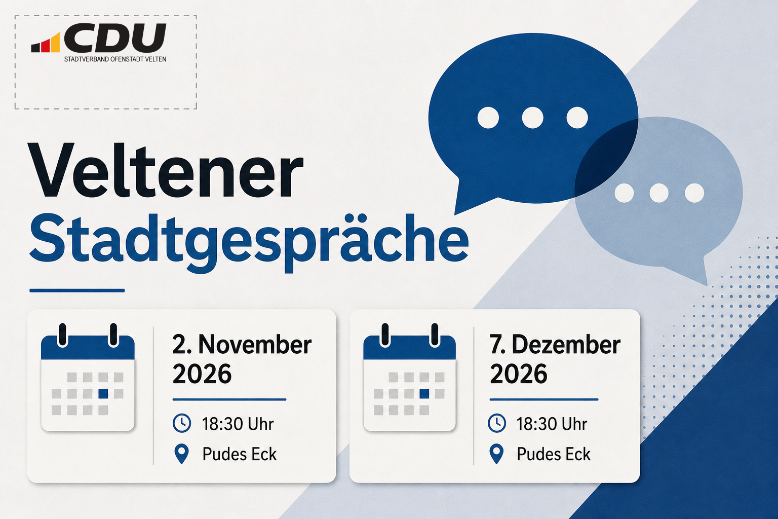 Grafische Veranstaltungskarte zu den Veltener Stadtgesprächen am 2. November und 7. Dezember 2026 um jeweils 18:30 Uhr bei Pudes Eck.