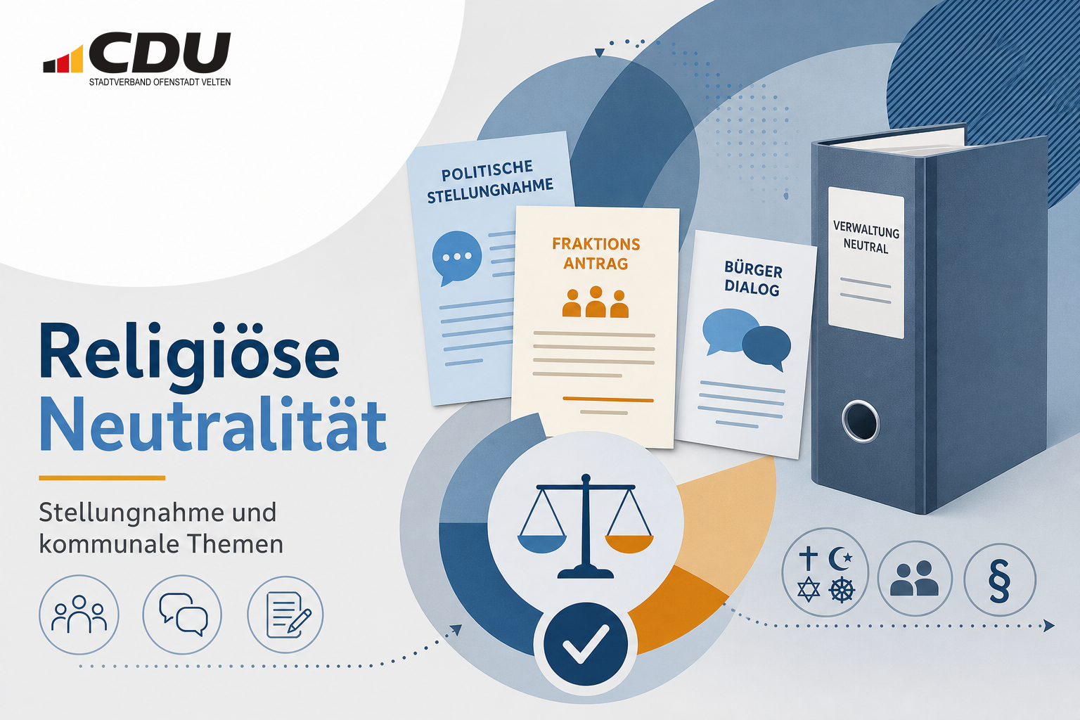 Redaktionelle Grafik zu einer politischen Stellungnahme über religiöse Neutralität städtischer Einrichtungen sowie weitere kommunale Themen in Velten.
