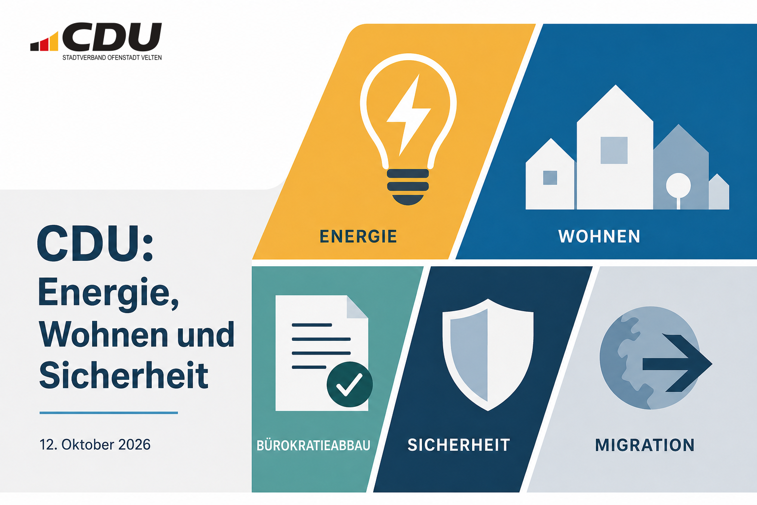 Redaktionelle Themenkarte mit Symbolen für Energie, Wohnungsbau, Bürokratieabbau, Sicherheit und Migration als politische Schwerpunkte der CDU.