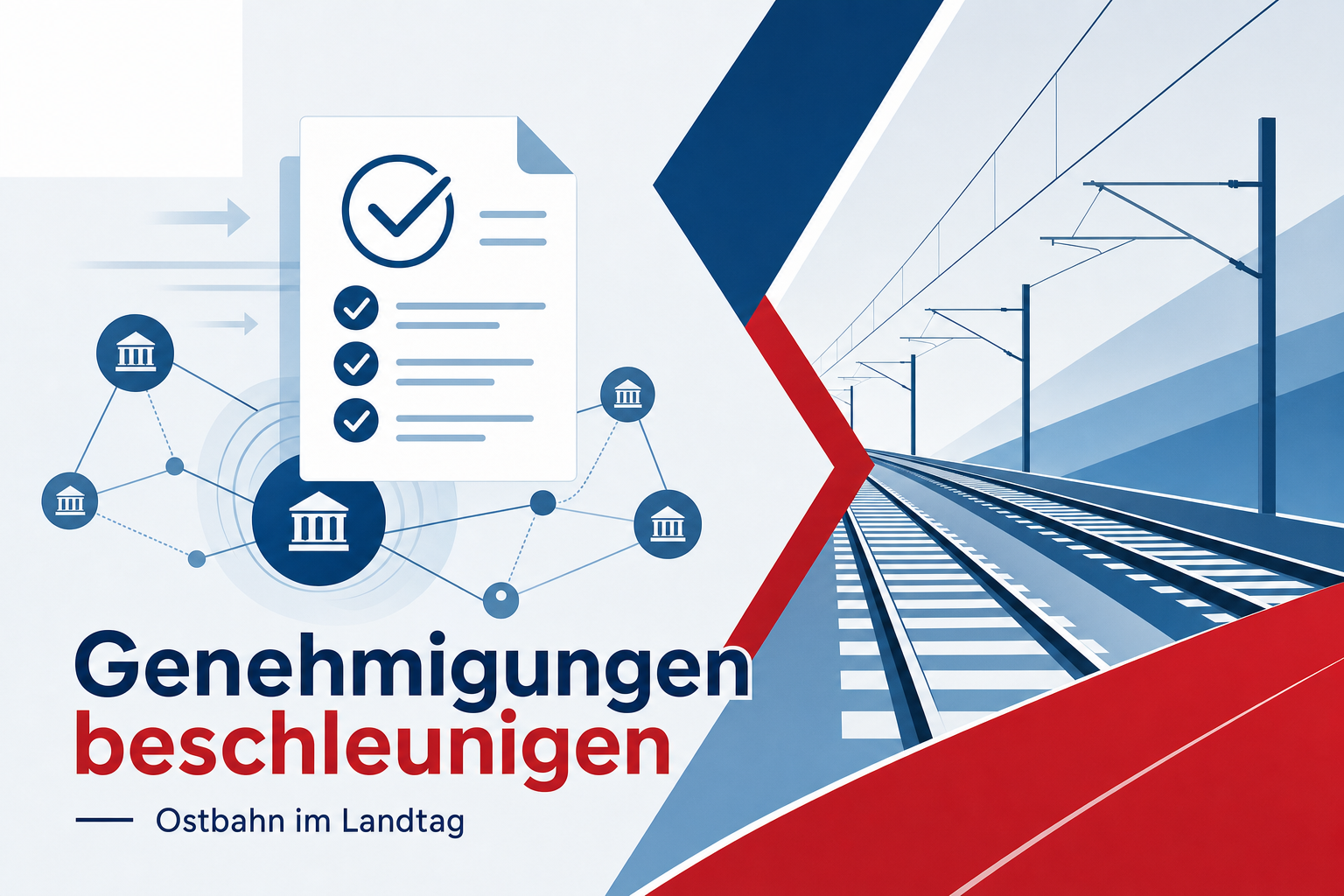 Redaktionelle Grafik zu geplanten schnelleren Genehmigungsverfahren und zur Beratung über den Ausbau der Ostbahn im Brandenburger Landtag.