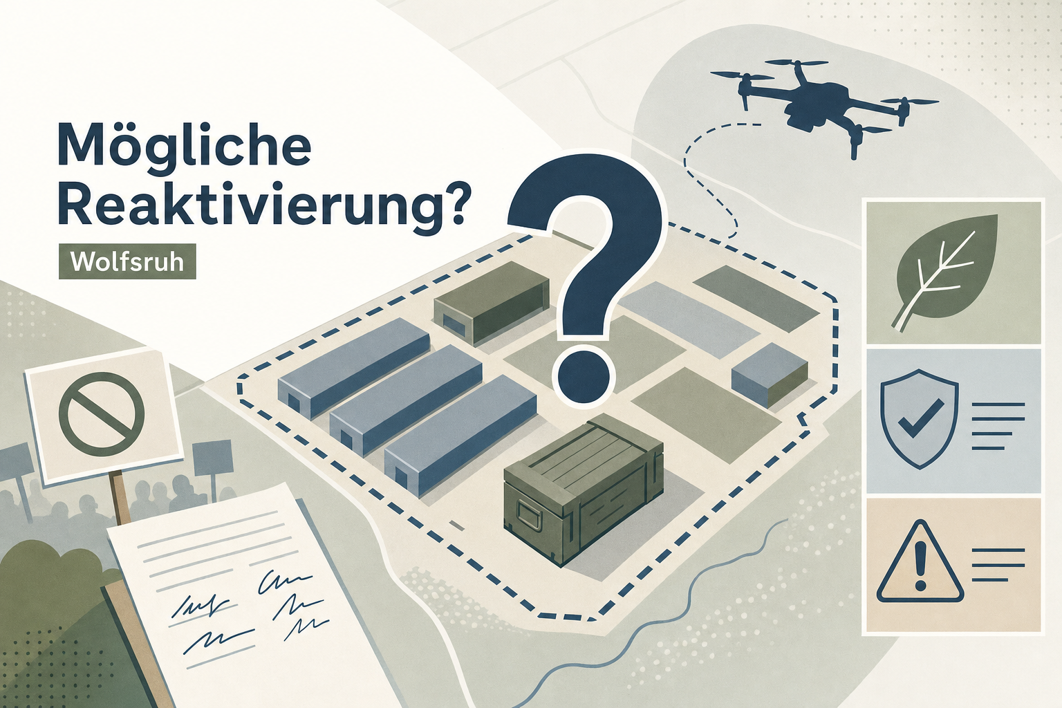 Redaktionelle Grafik zur ungeklärten Debatte über eine mögliche Reaktivierung des früheren Munitionsdepots Wolfsruh und mögliche Lagerung von Munition oder Drohnenteilen.