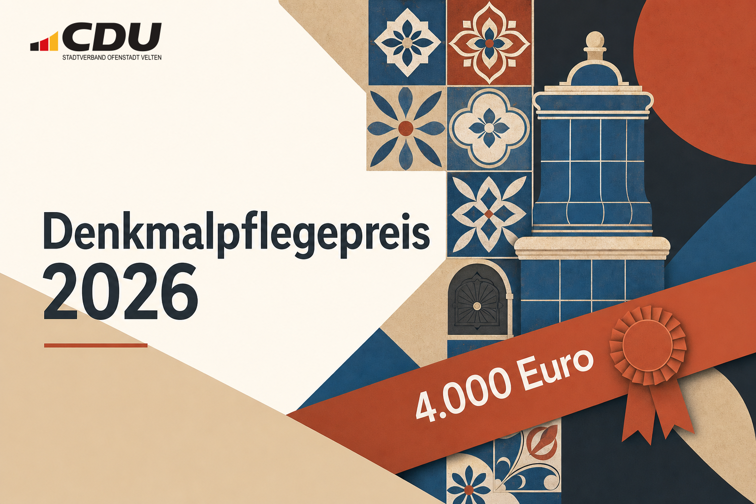 Redaktionelle Grafik zum Denkmalpflegepreis 2026 mit stilisierten Keramikfliesen, einer Ofenform und einem Preisband; dargestellt ist außerdem die Dotierung von 4.000 Euro.