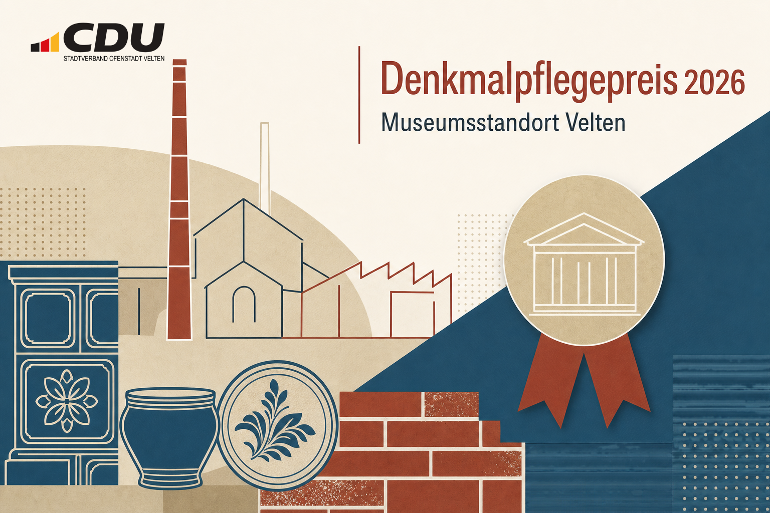 Redaktionelle Grafik zum Brandenburgischen Denkmalpflegepreis 2026 für die denkmalgerechte Sanierung und Umnutzung der ehemaligen Kachelofenfabrik zum Museumsstandort Velten.