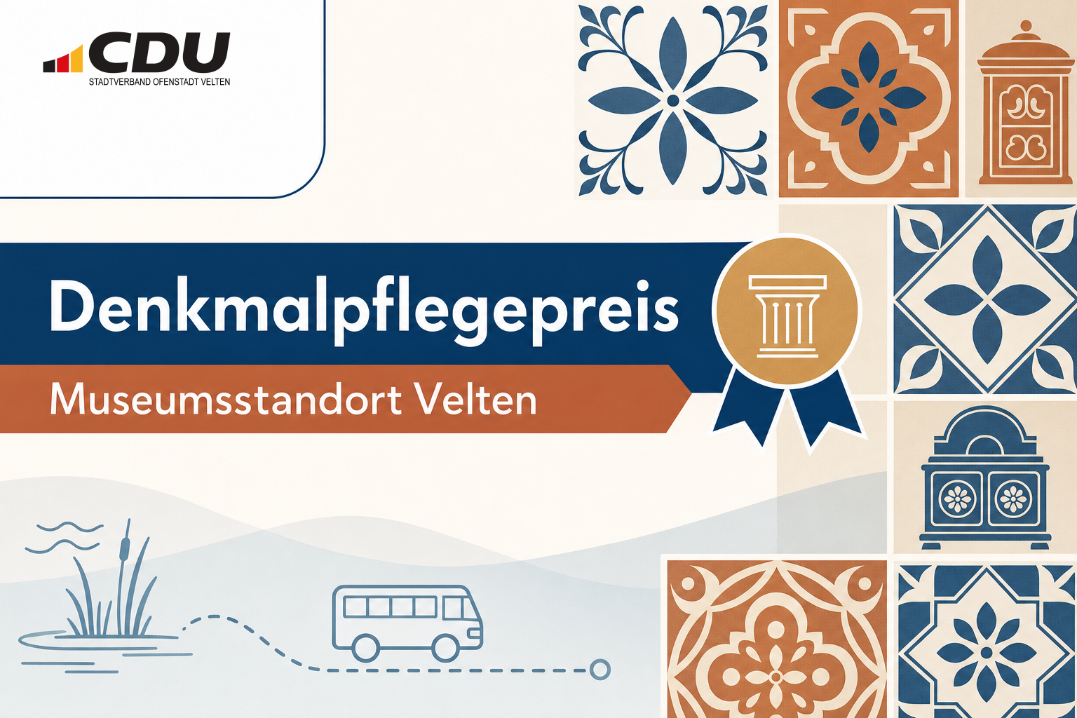 Grafische Themenkarte mit stilisierten Keramikornamenten und einem Medaillen-Symbol zum Denkmalpflegepreis für den Museumsstandort Velten.