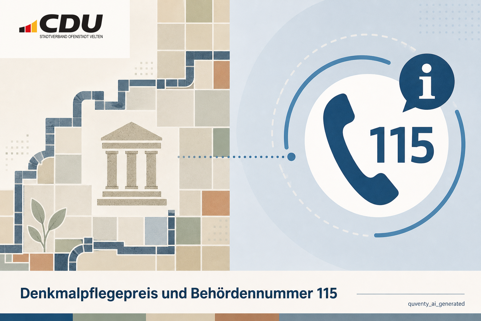 Redaktionelle Grafik zu einer Auszeichnung für den Museumsstandort Velten und zur Anbindung der Stadt an die Behördennummer 115.