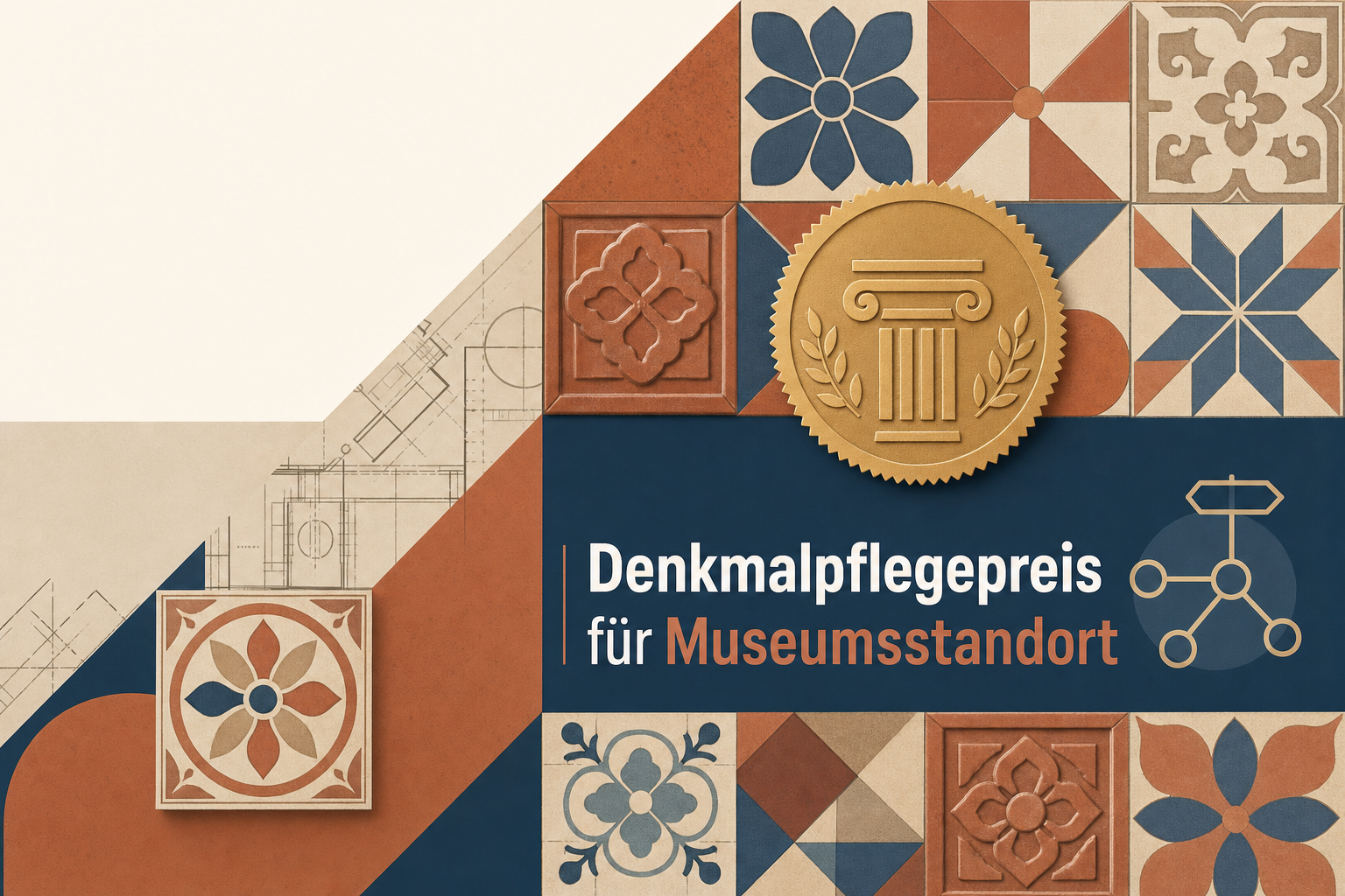 Redaktionelle Grafik mit stilisierten Keramikmustern, Bauplanlinien und einem Preissiegel zum Denkmalpflegepreis für den Museumsstandort Velten.