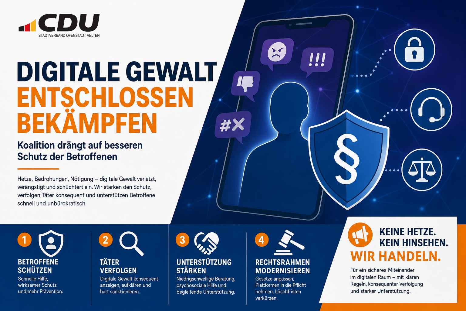 Redaktionelle Grafik mit Smartphone, digitalen Verbindungen und einem Schutzschild als Symbol für den Schutz vor digitaler Gewalt.