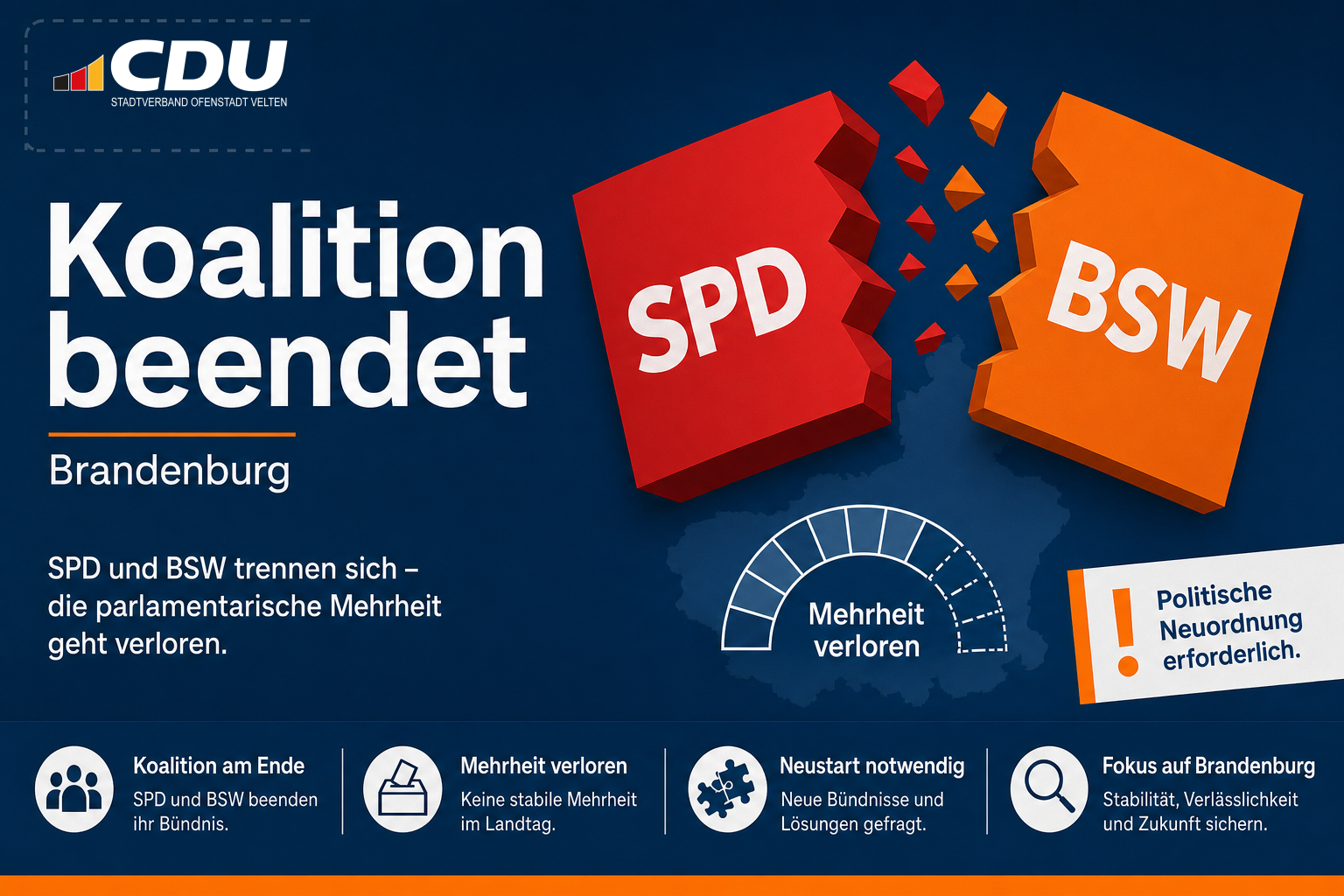 Grafische Darstellung auseinanderdriftender farbiger Bausteine zum Ende der Koalition aus SPD und BSW in Brandenburg.