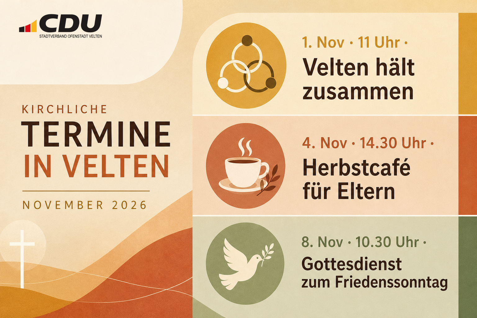 Redaktionelle Veranstaltungskarte mit drei kirchlichen Terminen in Velten am 1., 4. und 8. November 2026.