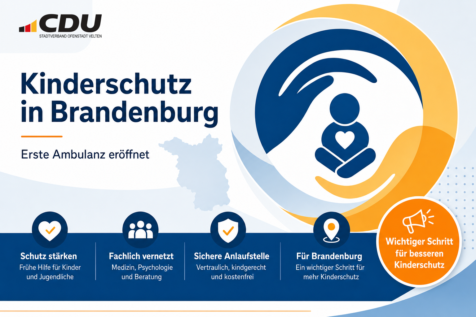 Redaktionelle Grafik zum Kinderschutz in Brandenburg mit abstraktem Schutzsymbol und Hinweis auf die Eröffnung der ersten Kinderschutzinstitutsambulanz.
