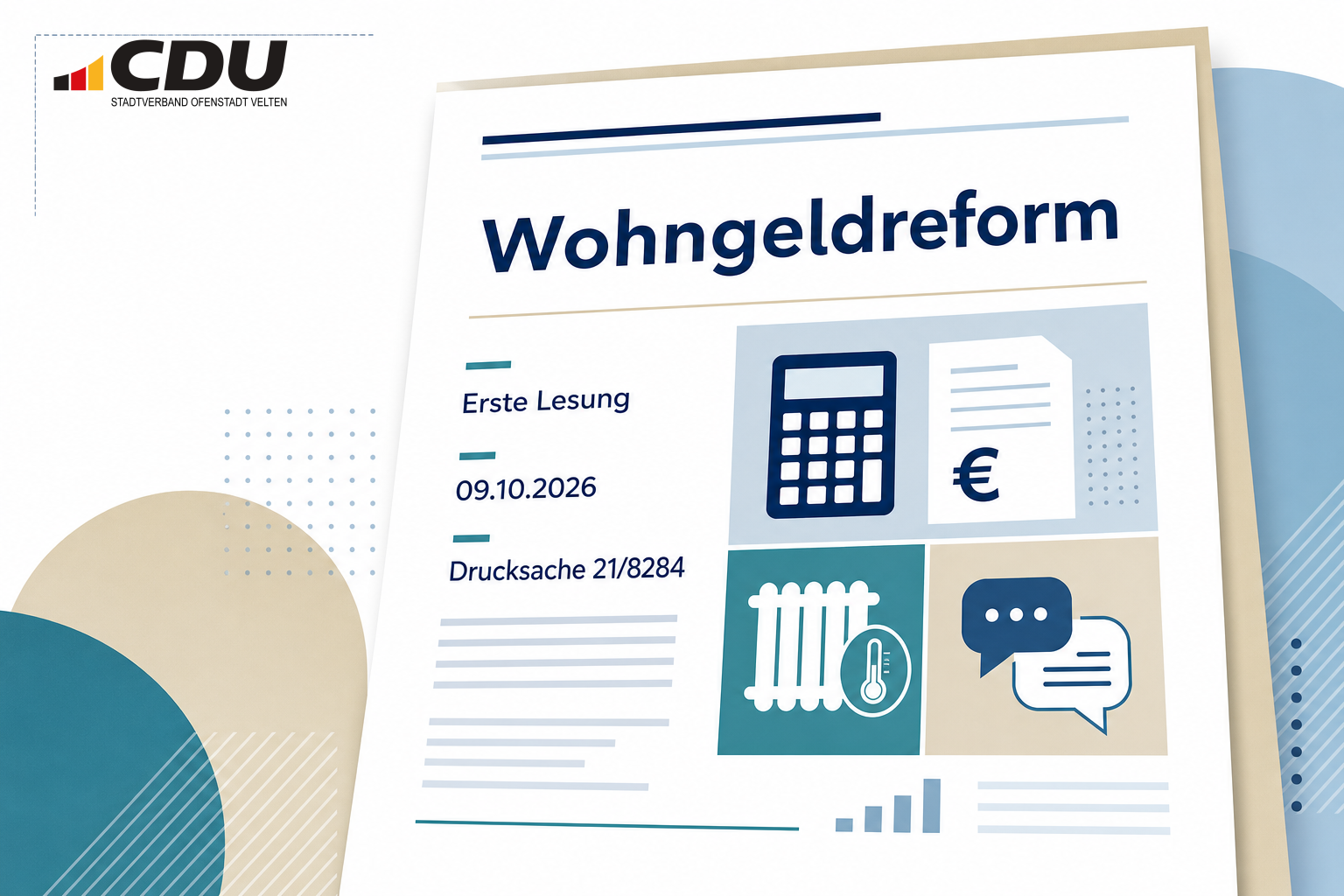 Grafische Darstellung eines Beratungsdokuments zur geplanten Wohngeldreform mit Hinweisen auf die erste Lesung am 9. Oktober 2026 und die Drucksachennummer 21/8284.