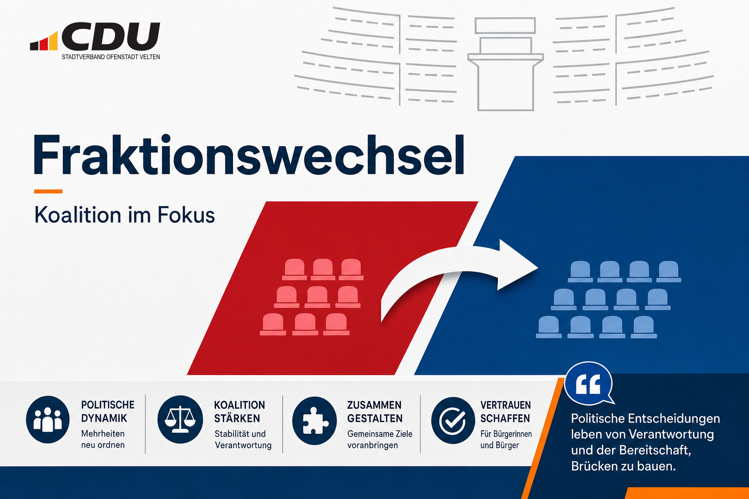 Redaktionelle Grafik mit abstrakten Fraktionsblöcken und einem Pfeil als Symbol für einen politischen Fraktionswechsel.