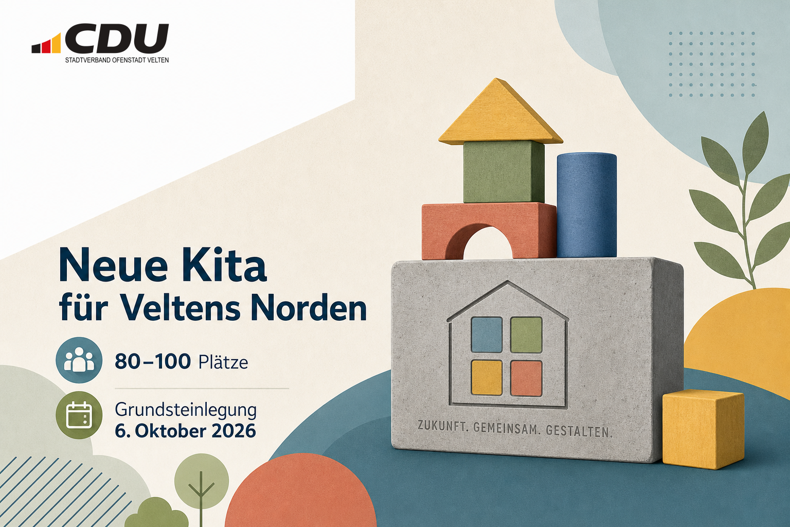 Redaktionelle Grafik mit stilisiertem Grundstein und Bauklötzen zur geplanten neuen Kita in Veltens Norden.