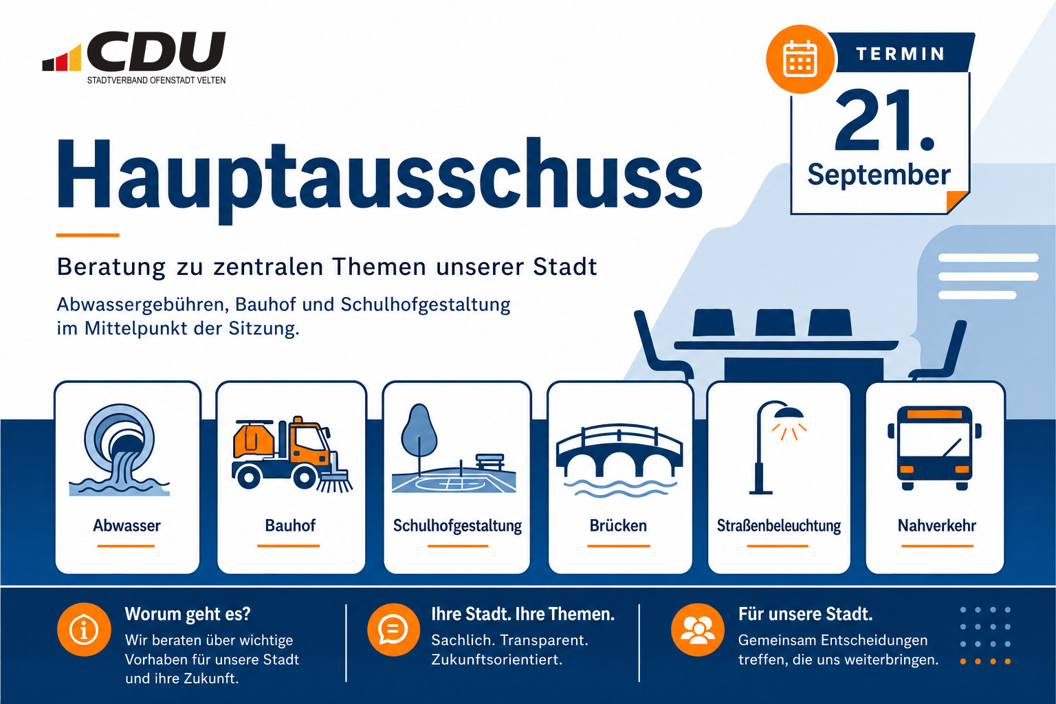 Redaktionelle Grafik einer stilisierten Tagesordnung zur Sitzung des Veltener Hauptausschusses mit Symbolen für Abwasser, Bauhof, Schulhof, Verkehrsinfrastruktur und Nahverkehr.