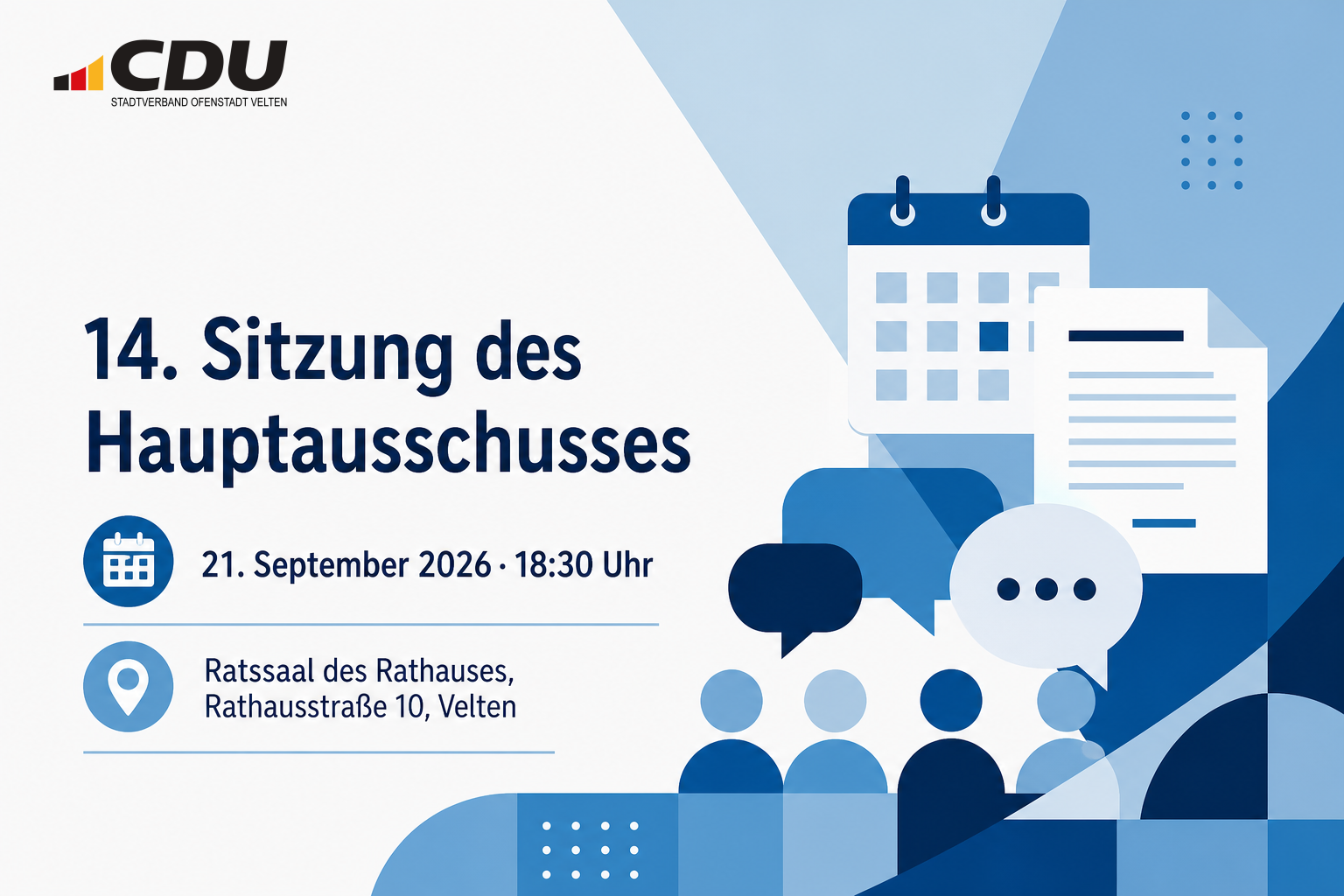 Redaktionelle Veranstaltungskarte zur 14. Sitzung des Veltener Hauptausschusses am 21. September 2026 um 18:30 Uhr im Ratssaal des Rathauses.
