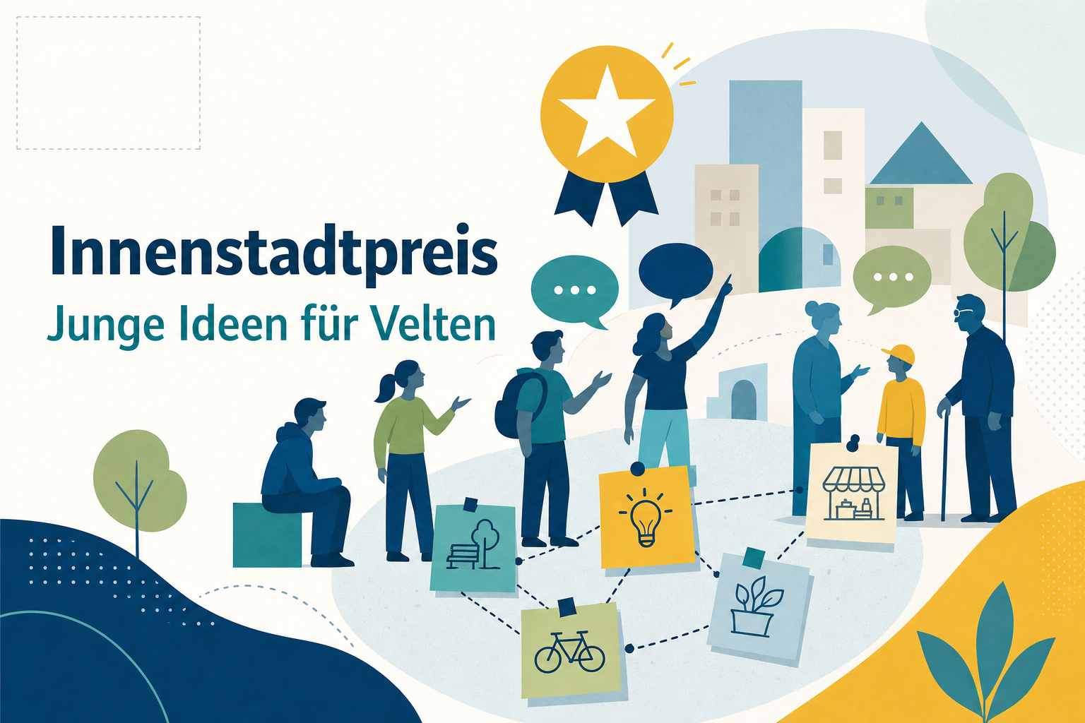 Redaktionelle Grafik zur Auszeichnung eines Schülerprojekts für Ideen zur Zukunft der Innenstadt und zur Beteiligung verschiedener Generationen.