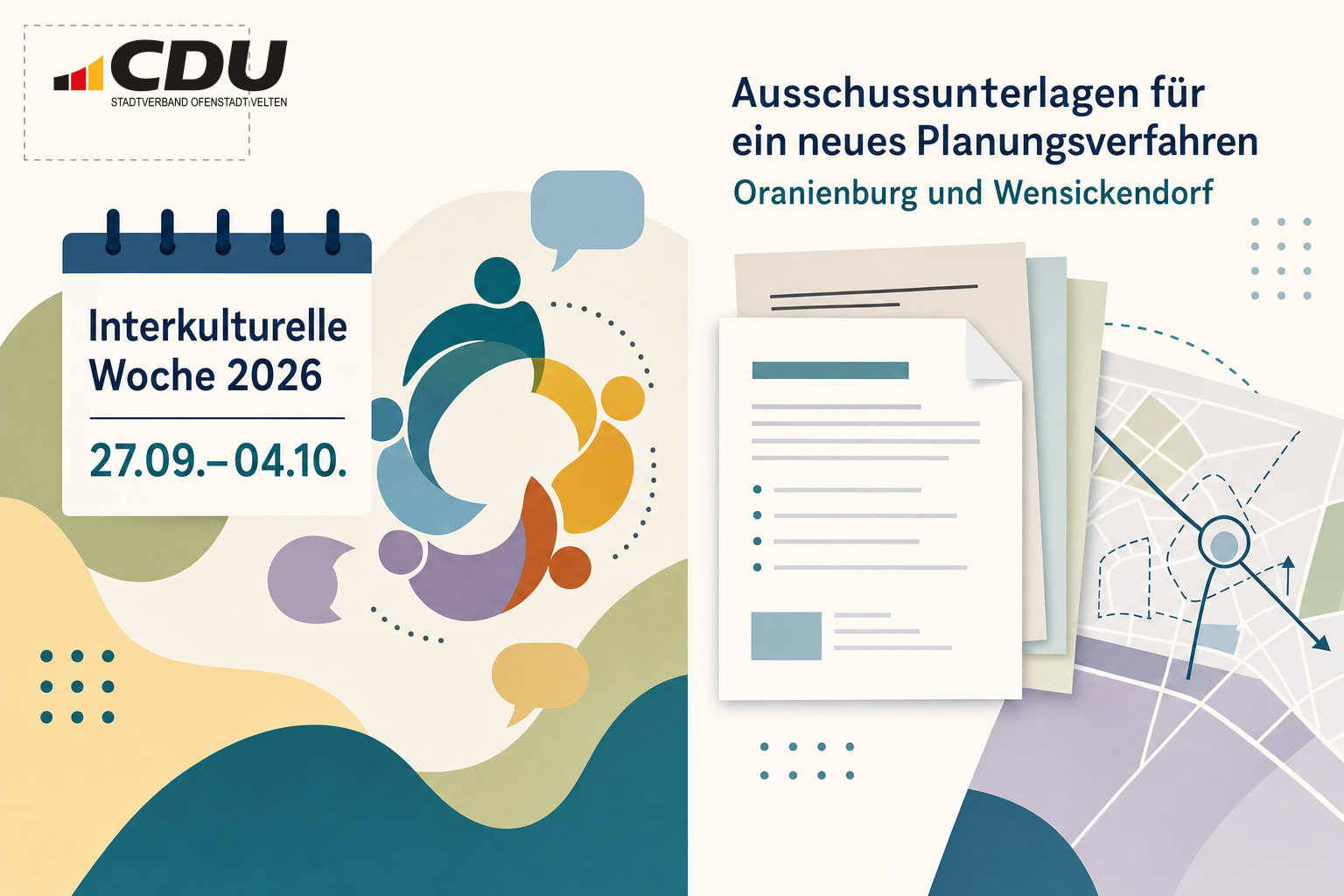 Redaktionelle Grafik zur Interkulturellen Woche 2026 in Oberhavel sowie zu kommunalen Unterlagen und einem neuen Planungsverfahren in Oranienburg.