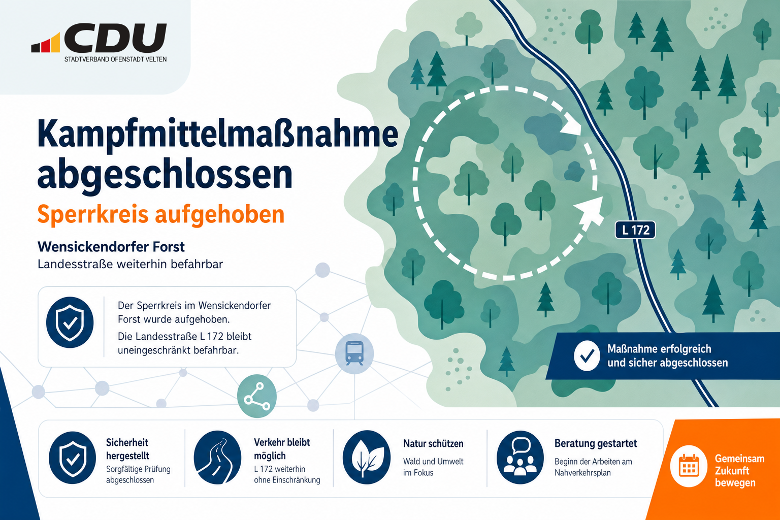 Redaktionelle Grafik mit stilisiertem Wald, aufgehobenem Sicherheitskreis und einer durchgehenden Straßenlinie zur abgeschlossenen Kampfmittelmaßnahme im Wensickendorfer Forst.