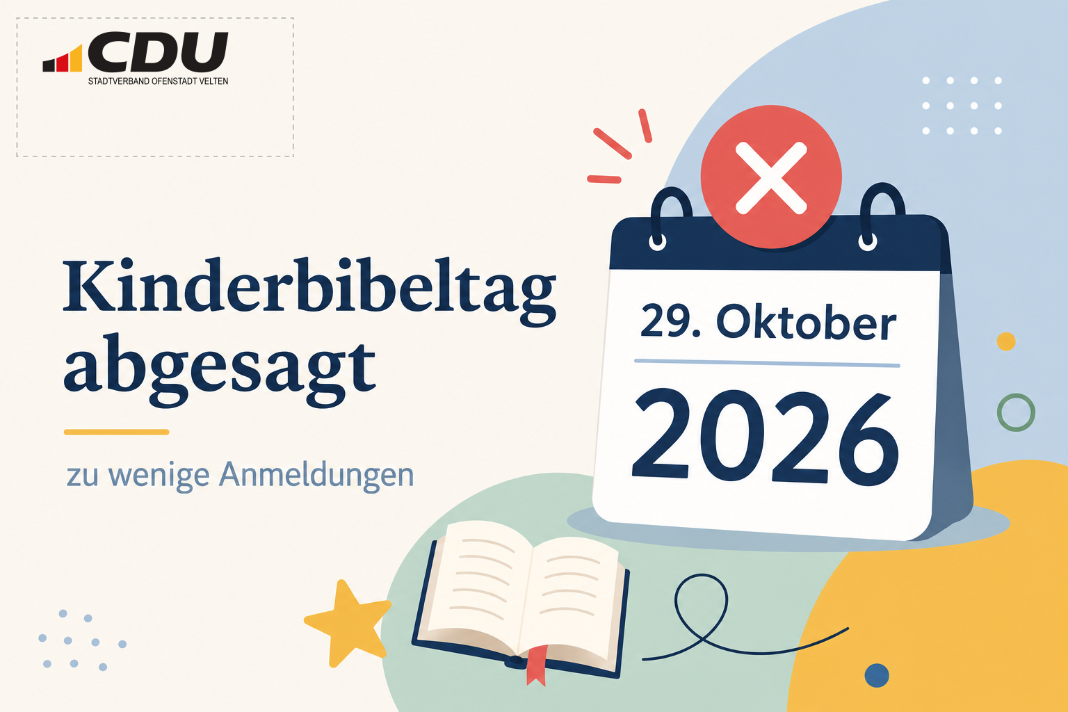 Redaktionelle Veranstaltungskarte zur Absage des Kinderbibeltags am 29. Oktober 2026 wegen zu weniger Anmeldungen.