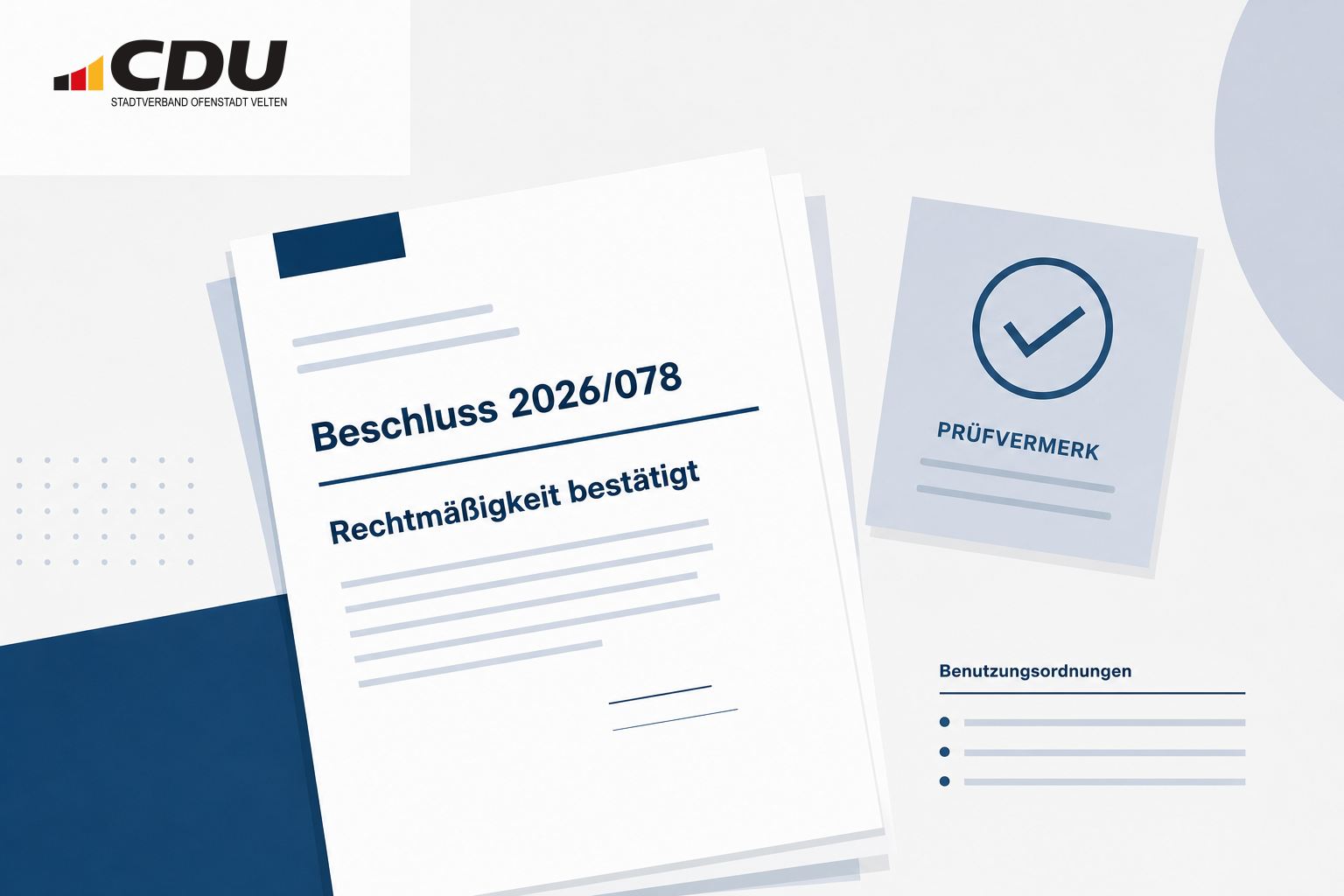 Redaktionelle Dokumentgrafik zur rechtlichen Bewertung des Beschlusses 2026/078 und zur geplanten Anpassung städtischer Benutzungsordnungen.