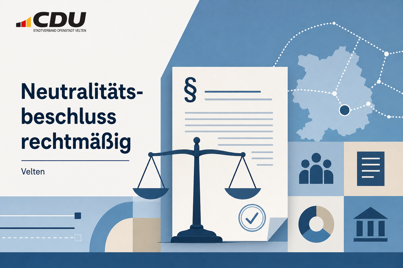 Redaktionelle Grafik zu Veltens Neutralitätsbeschluss mit abstraktem Beschlussdokument und ausbalancierter Waage.