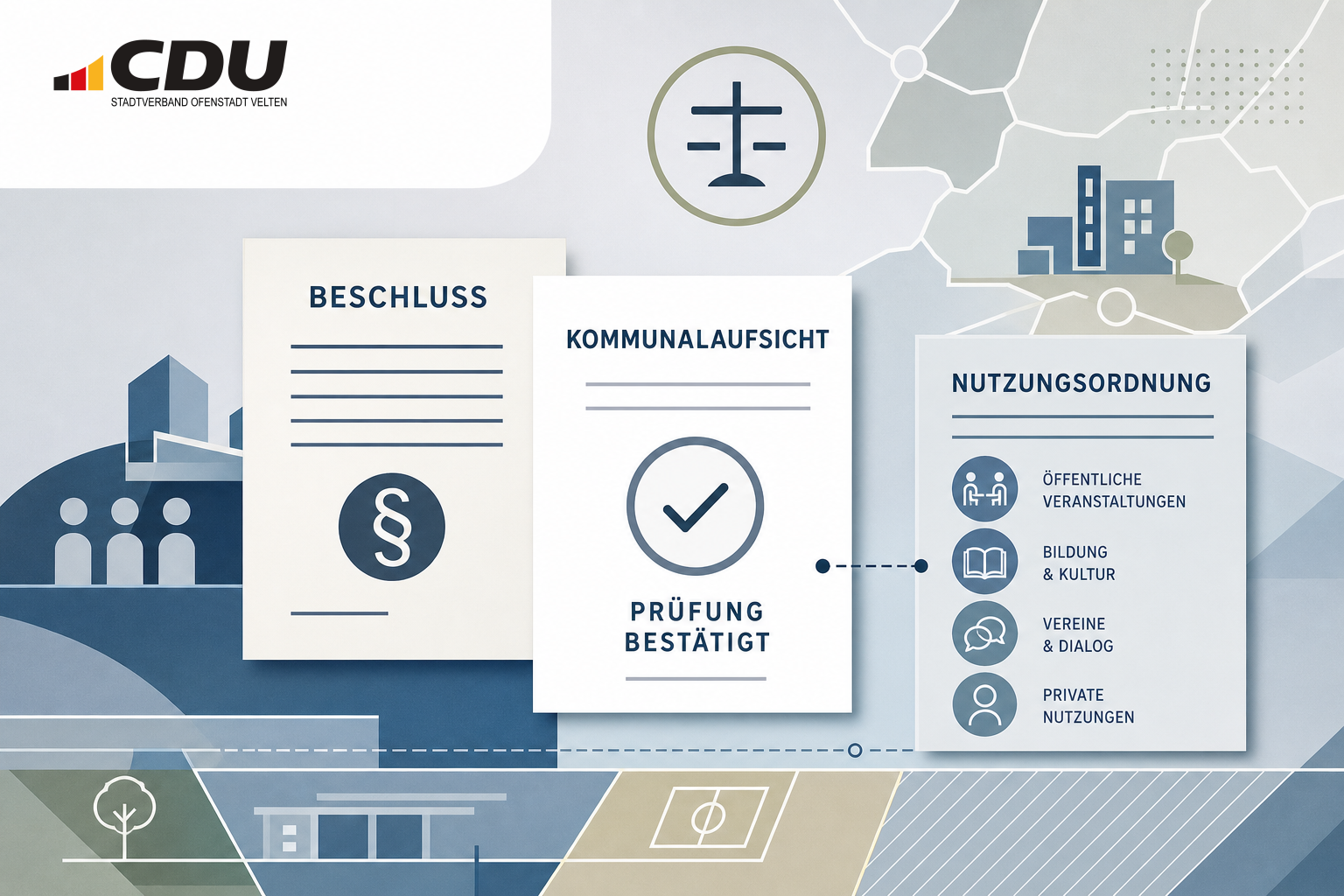 Redaktionelle Grafik zu einem kommunalen Beschluss über die religiöse Neutralität städtischer Räume und dessen Prüfung durch die Kommunalaufsicht.
