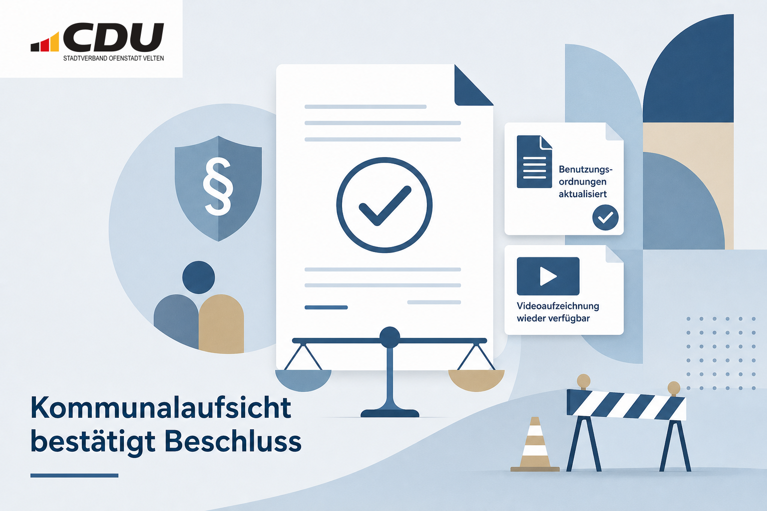Redaktionelle Grafik mit einem stilisierten geprüften Dokument und Symbolen für kommunale Regelungen, Videoaufzeichnung und Verwaltung.