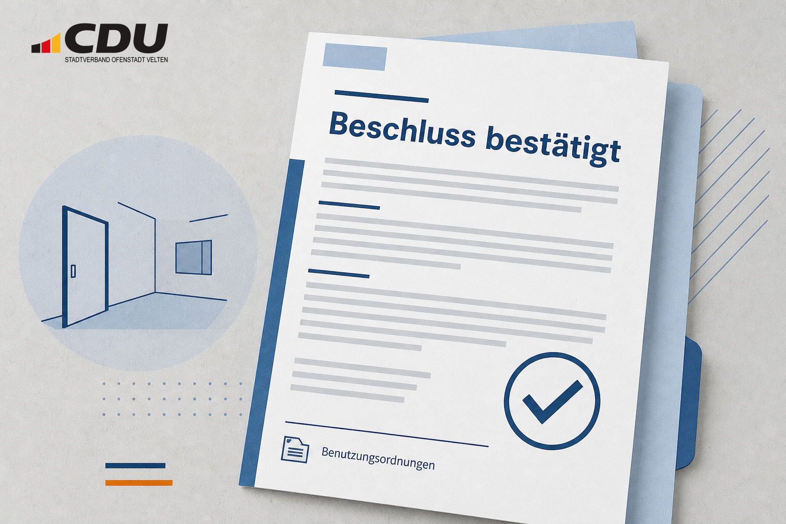 Redaktionelle Grafik eines geprüften kommunalen Beschlussdokuments mit Prüfzeichen und Hinweis auf Benutzungsordnungen.