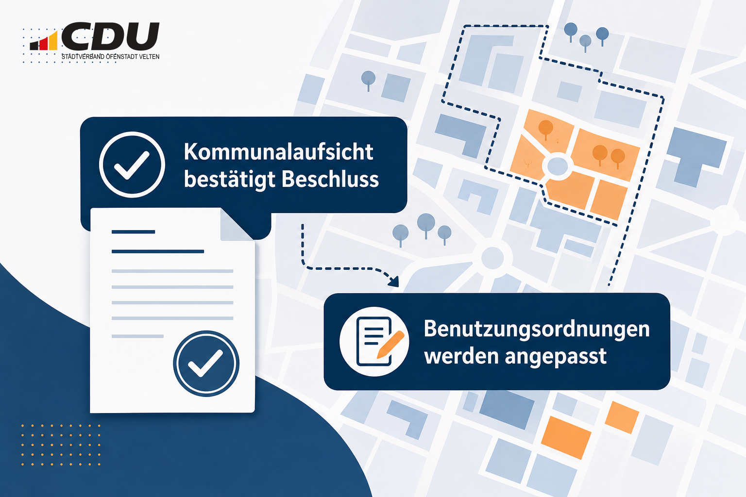 Redaktionelle Grafik zu einer kommunalaufsichtlichen Bestätigung eines Beschlusses über die Nutzung städtischer Räume und zur geplanten Anpassung der Benutzungsordnungen.