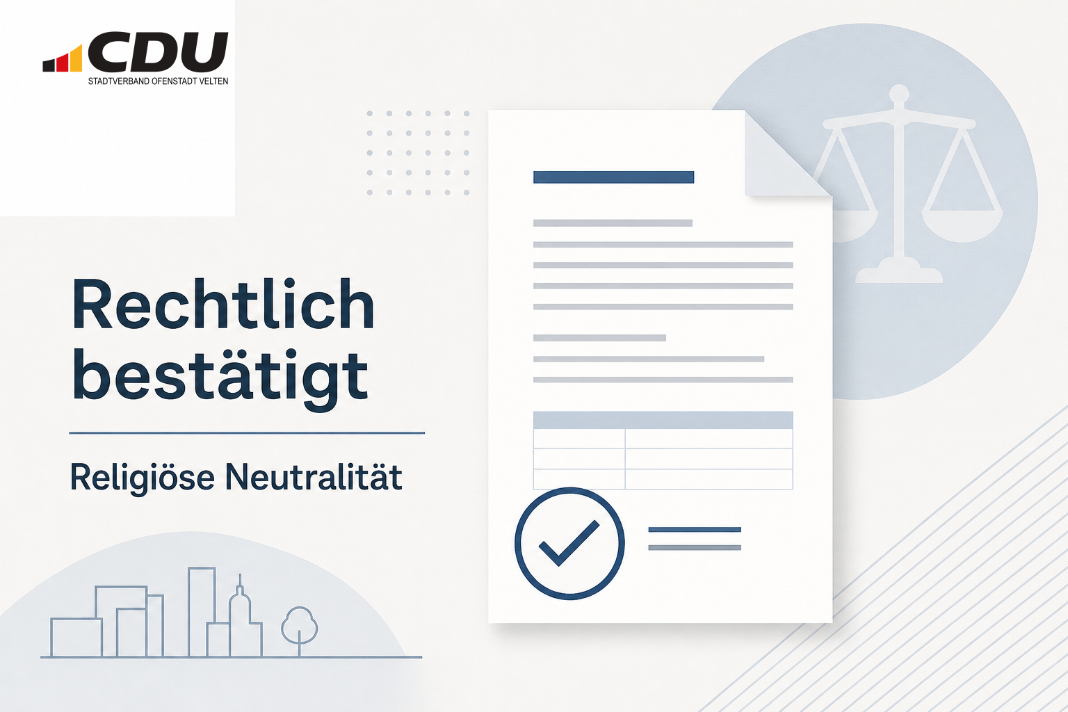 Redaktionelle Grafik mit stilisiertem Verwaltungsdokument und ausgewogener Waage zum bestätigten Veltener Beschluss über religiöse Neutralität.