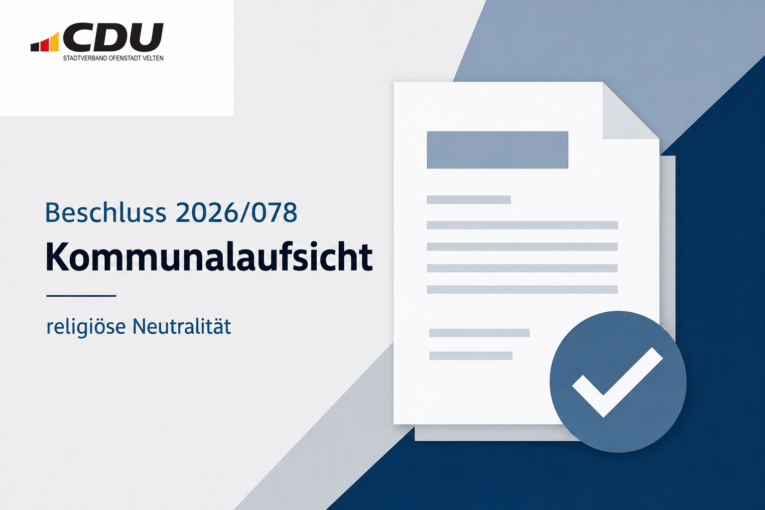 Stilisierte redaktionelle Grafik eines geprüften Beschlussdokuments zur religiösen Neutralität städtischer Einrichtungen.