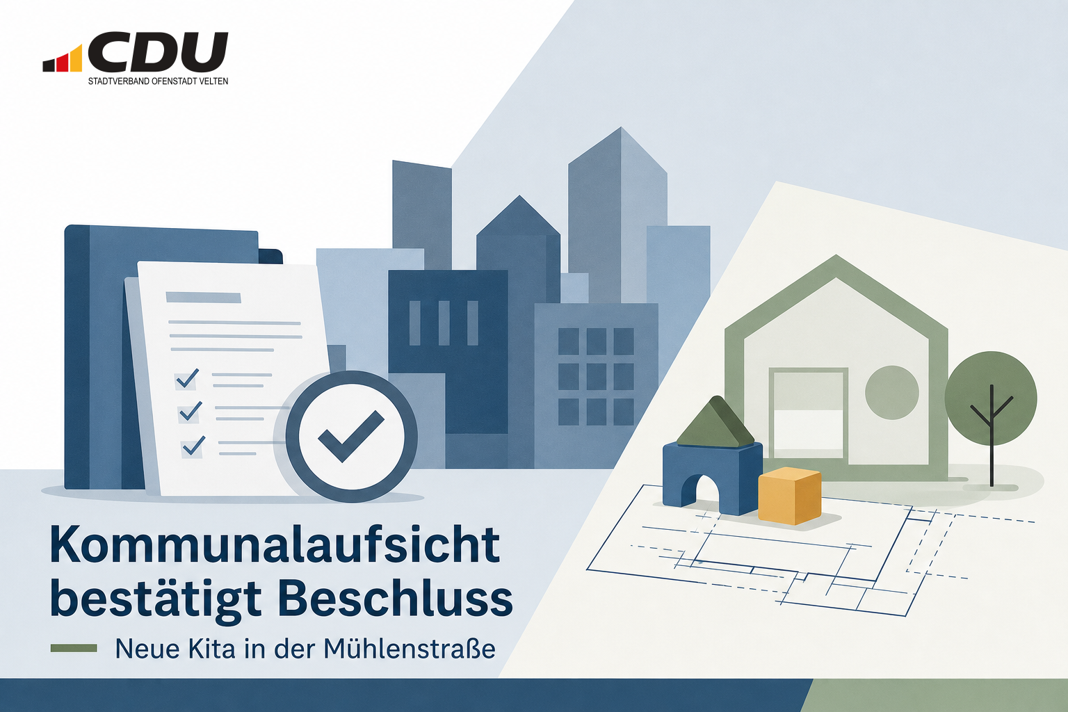 Redaktionelle Grafik zur Bestätigung eines Veltener Beschlusses durch die Kommunalaufsicht und zum geplanten Neubau einer Kindertagesstätte in der Mühlenstraße.