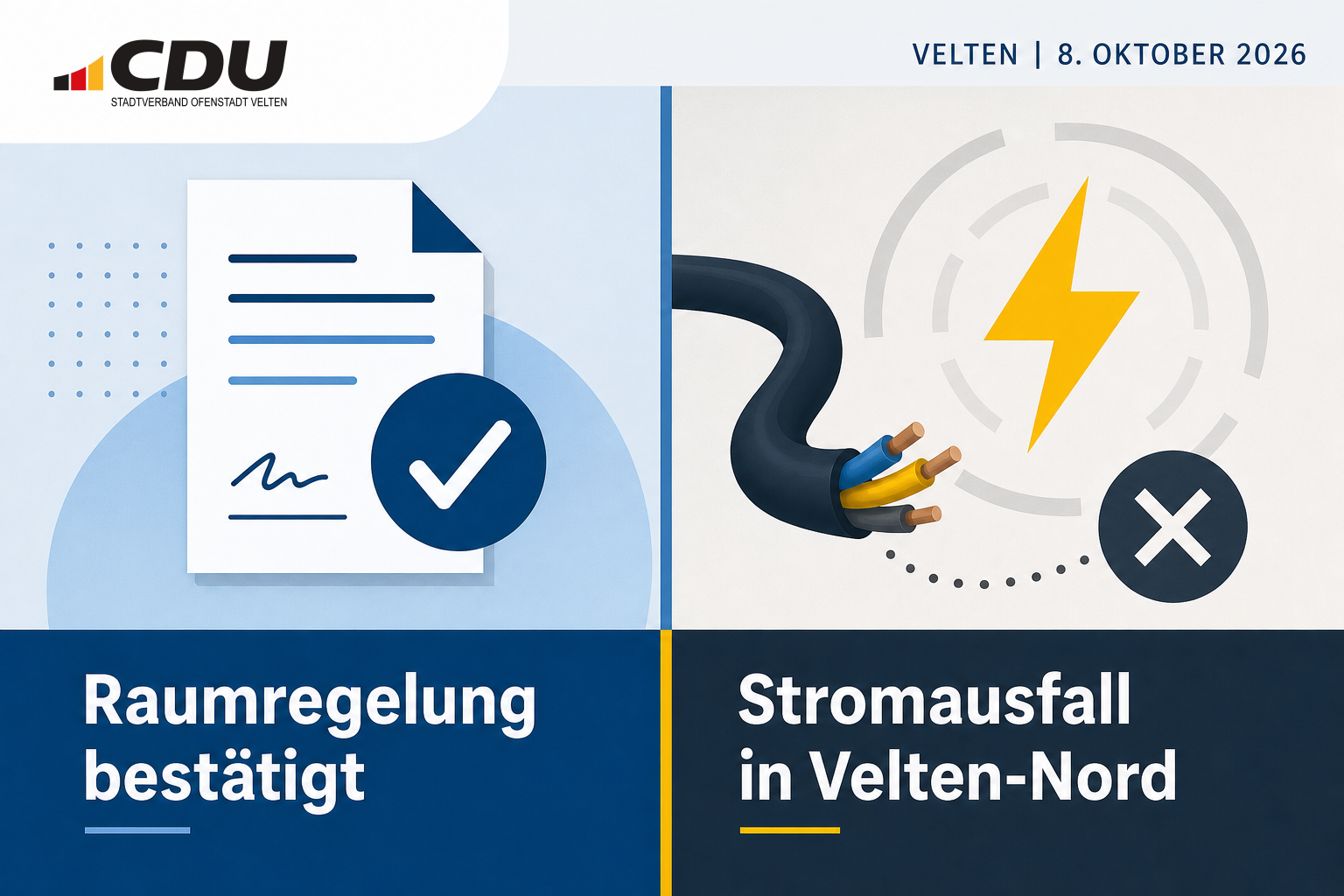 Geteilte redaktionelle Grafik zur bestätigten kommunalen Raumregelung und zum Stromausfall in Teilen von Velten-Nord am 8. Oktober 2026.