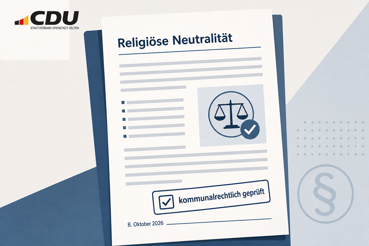 Redaktionelle Dokumentgrafik zur kommunalrechtlichen Prüfung der Veltener Regelungen für religiöse Nutzungen in städtischen Räumen.