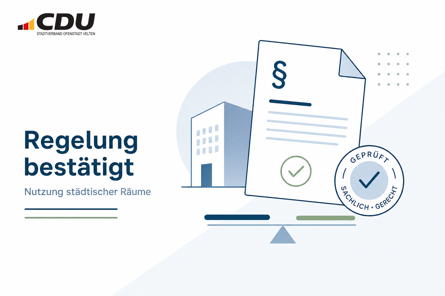Redaktionelle Grafik eines stilisierten Regelungsdokuments zur bestätigten Nutzung städtischer Räume.