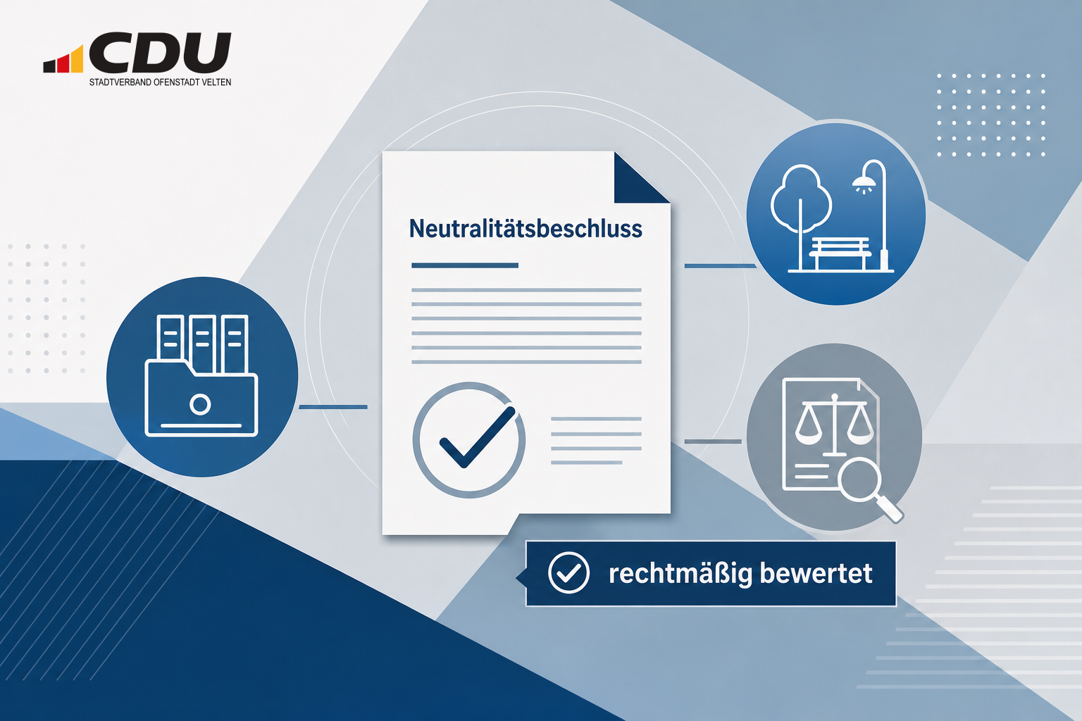 Redaktionelle Grafik zu einem als rechtmäßig bewerteten kommunalen Neutralitätsbeschluss und geplanten Anpassungen von Benutzungsordnungen.