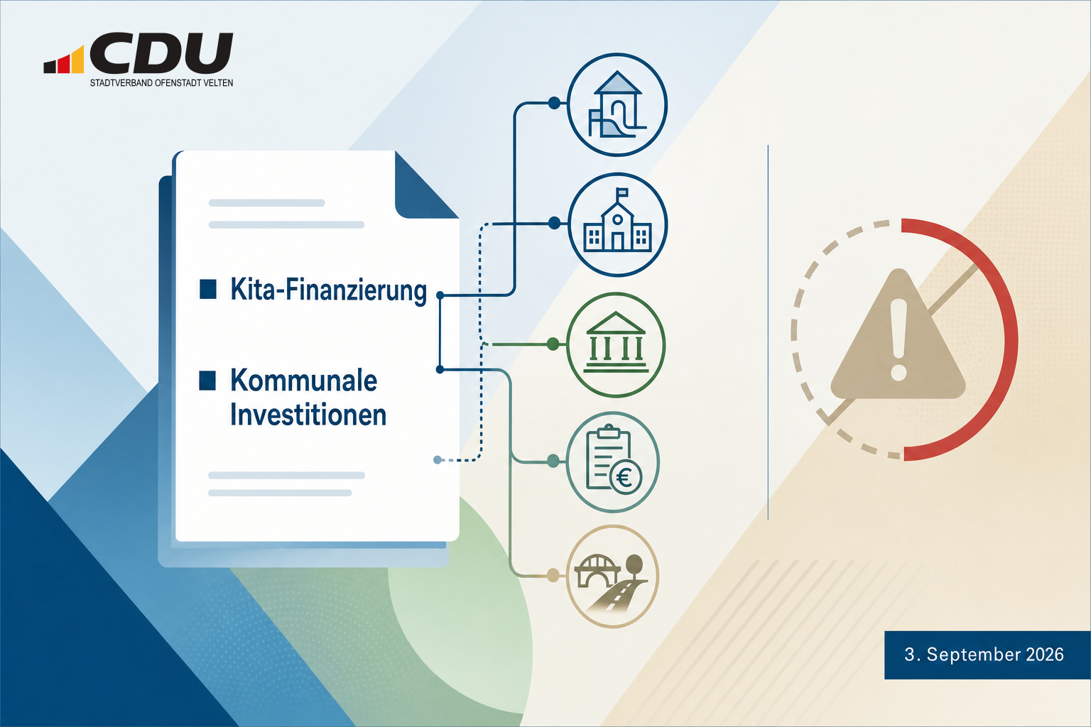 Redaktionelle Grafik zu Beratungen über Kita-Finanzierung und kommunale Investitionen mit einem abstrakten Hinweis auf die parallele Bombenentschärfung in Oranienburg-Lehnitz.