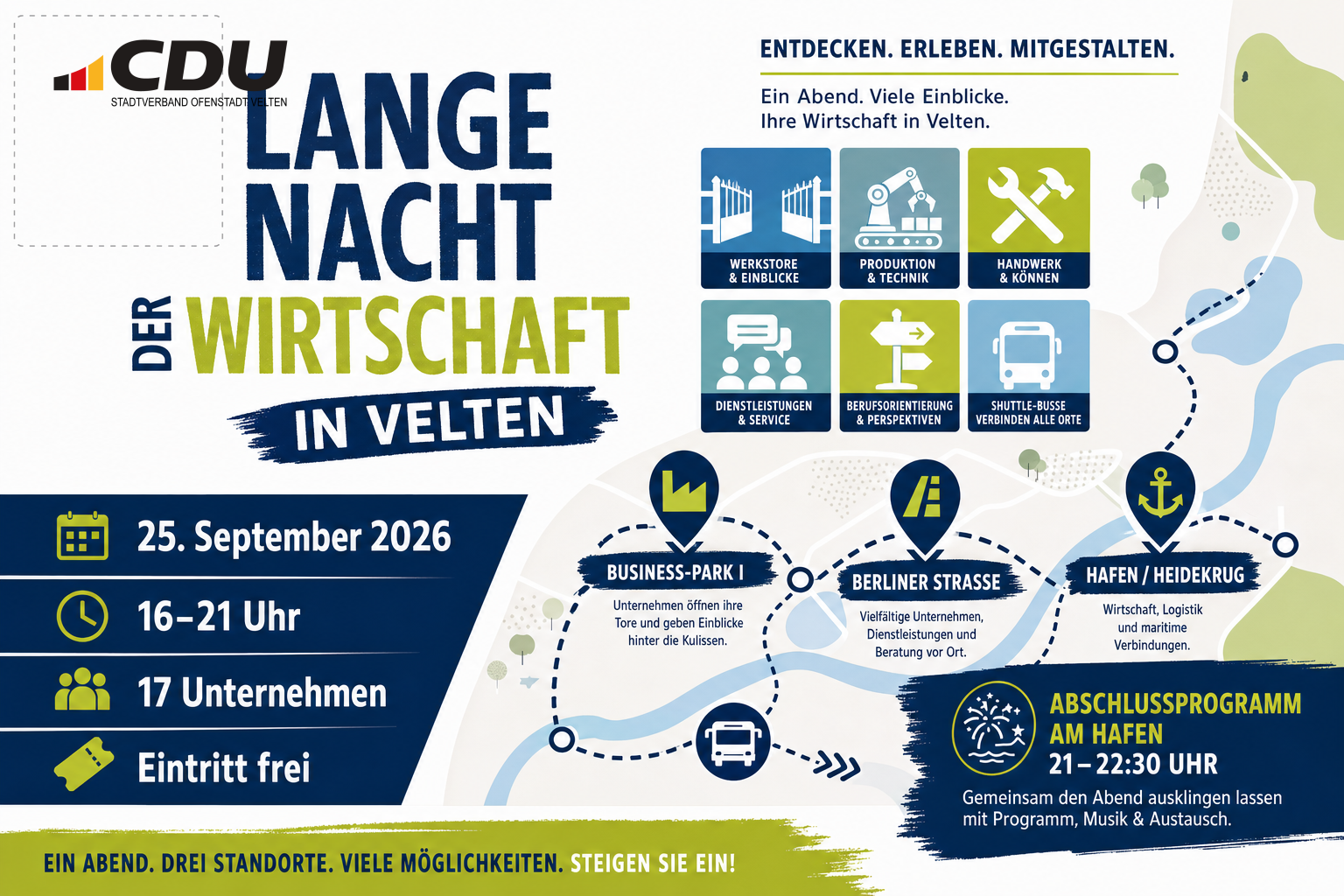Redaktionelle Veranstaltungskarte zur Langen Nacht der Wirtschaft in Velten am 25. September 2026 mit 17 teilnehmenden Unternehmen, Veranstaltungszeit von 16 bis 21 Uhr und Hinweisen auf Shuttle-Busse sowie das Abschlussprogramm am Hafen.