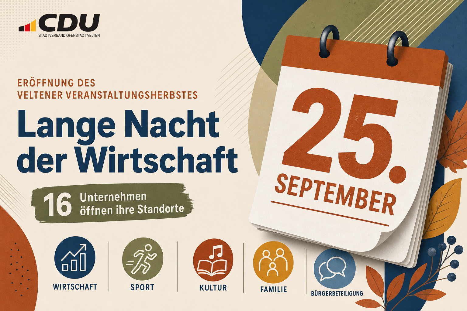 Redaktionelle Veranstaltungskarte zur Langen Nacht der Wirtschaft am 25. September in Velten mit Hinweisen auf 16 teilnehmende Unternehmen und weitere Herbstveranstaltungen.
