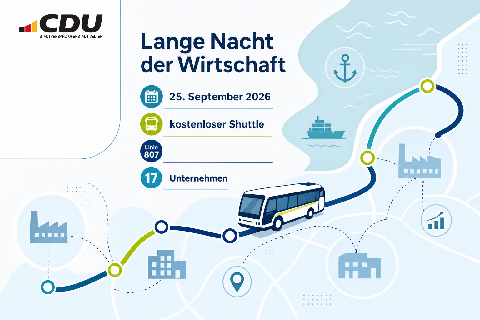 Redaktionelle Veranstaltungskarte zur Langen Nacht der Wirtschaft am 25. September 2026 mit grafisch dargestelltem kostenlosem Shuttle der Linie 807.