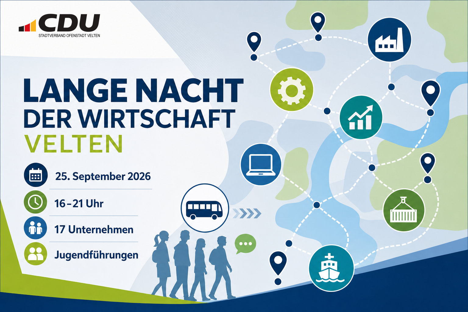 Grafische Veranstaltungskarte zur Langen Nacht der Wirtschaft in Velten am 25. September 2026 mit 17 Unternehmen, Jugendführungen und Shuttle-Angebot.