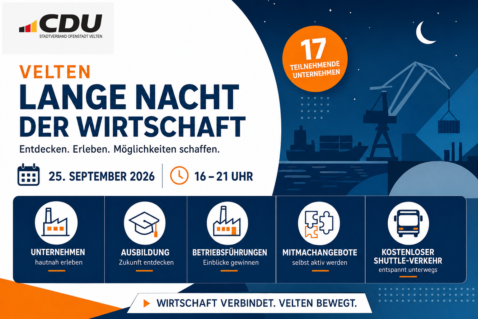 Redaktionelle Veranstaltungskarte zur Langen Nacht der Wirtschaft in Velten am 25. September 2026 von 16 bis 21 Uhr mit 17 teilnehmenden Unternehmen.